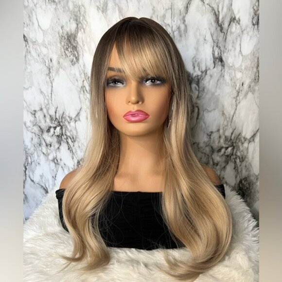 22 Inch Brown Roots Light Blonde Medium Balayage Wig with bangs Natural Look - Picture 1 of 8